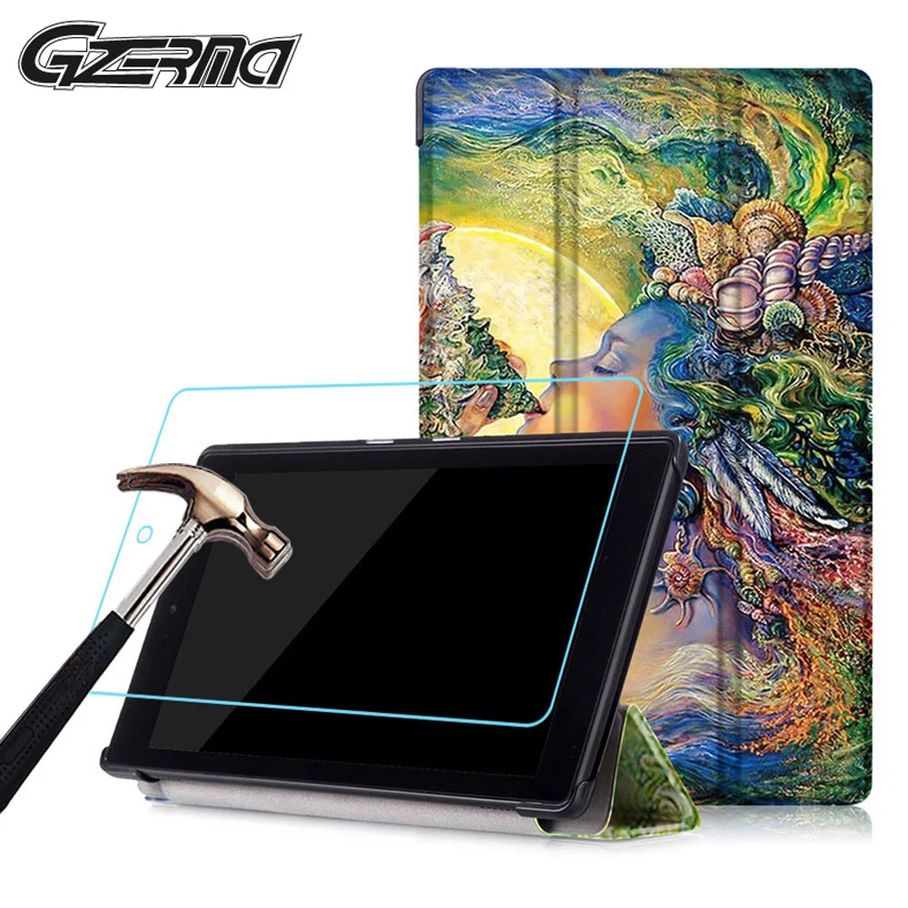 

For Amazon Kindle New Fire HD 8 HD8 2016 Case For Tablet PU Leather Bracker Stand Painted Flip Case Cover With Screen Film