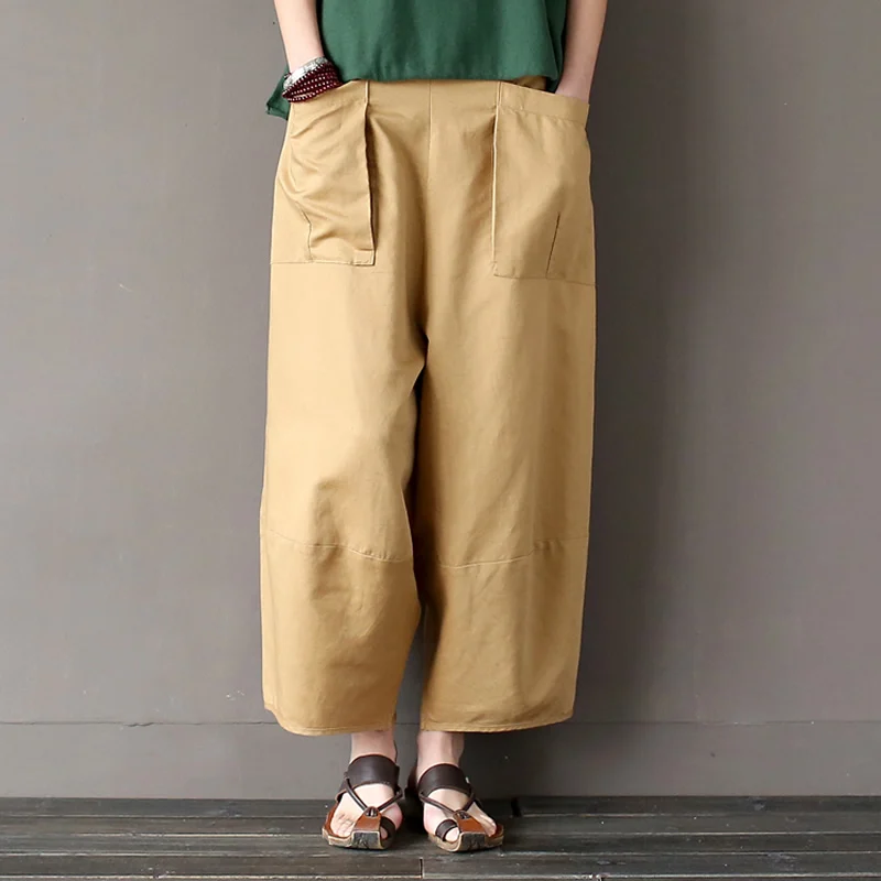 Linen Cotton Elastic waist Women Wide leg Pants Loose Casual Novelty design Summer Pants Solid Khaki Black Capris Trousers A093 Linen Cotton Elastic waist Women Wide leg Pants Loose Casual Novelty design Summer Pants Solid Khaki Black Capris Trousers A093
