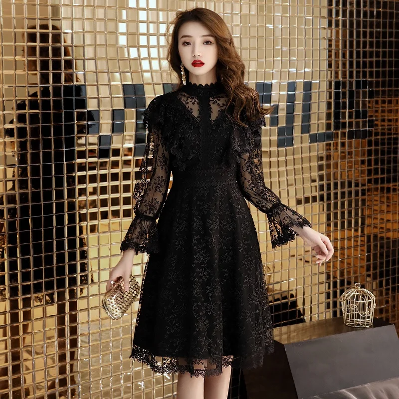 Черное платье для вечеринки, Vestido Soiree Femme, кружевное платье с длинными рукавами, торжественное женское платье миди, длинные платья для выпускного вечера, TS613