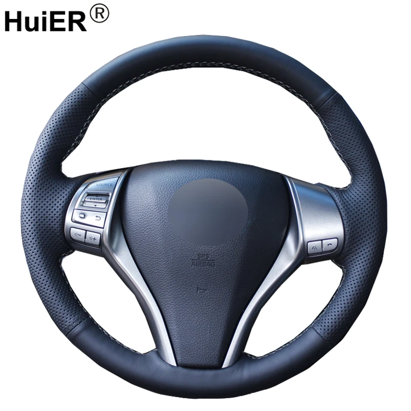 HuiER Hand Sew Car Steering Wheel Cover Black Leather For Nissan Teana