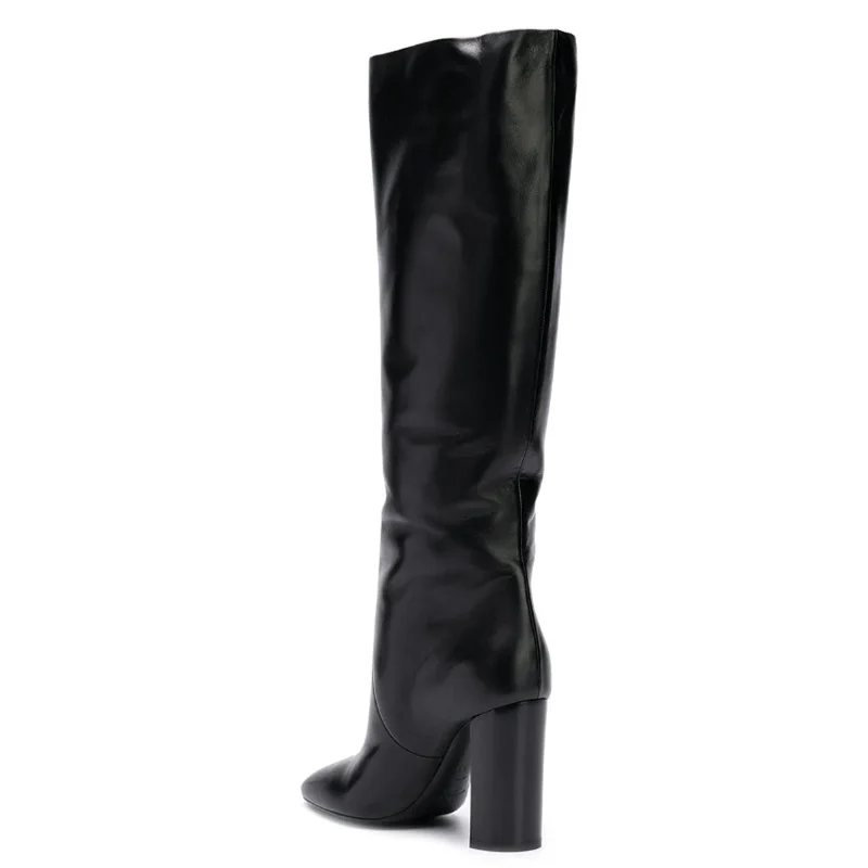 FSJ/модные теплые женские зимние сапоги до колена на высоком квадратном каблуке; Цвет Черный; модельные повседневные ботинки с острым носком; Moda Mujer; размера плюс