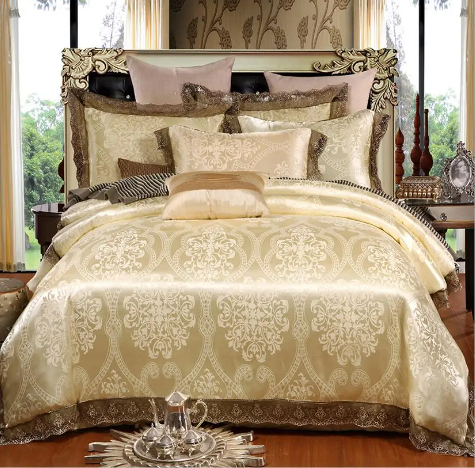 F Золотой сатин жаккард постельных принадлежностей queen king size 4 шт. покрывало для кровати кружевной пододеяльник, простыни хлопок, домашний текстиль - Цвет: F