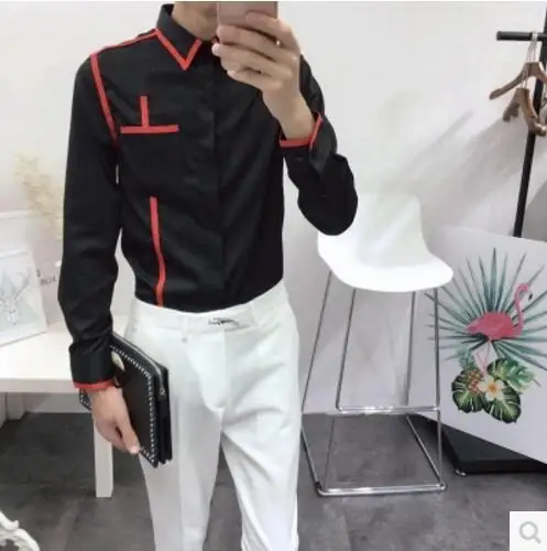 black M-2XL Новинка года для ночного клуба мужская одежда стилист тонкий мужской резьба тонкий цветной блок длинный рукав рубашка певица бар Сценические костюмы - Цвет: black