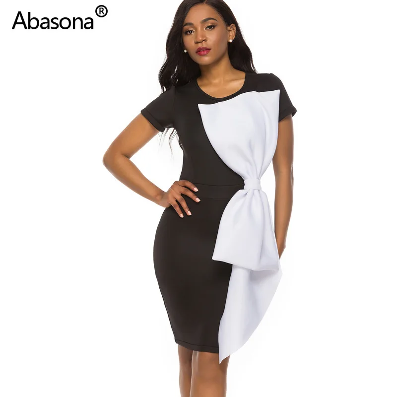 New Tie Up Bow Splicing O-neck Short Sleeve Bodycon Midi Dress Office Lady Club Party Knee Length Empire Pencil Dresses