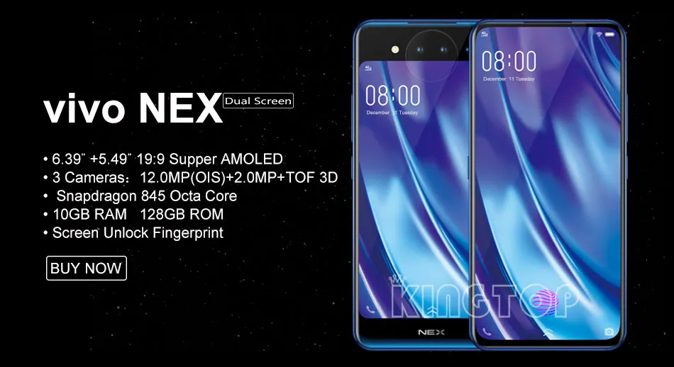 Двусторонний мобильный телефон vivo nex 2, 10 ГБ, 128 ГБ, snapdraon, 845, 6,39 дюймов, экран, отпечаток пальца, три камеры, телефон