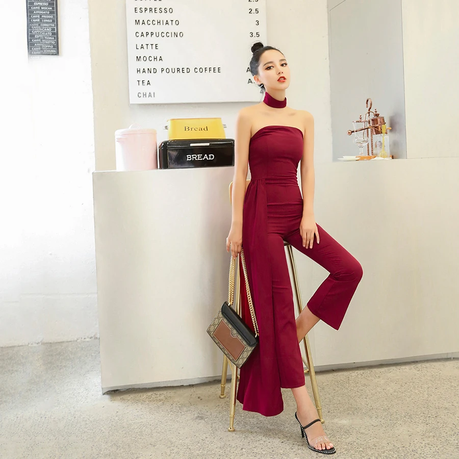 New Summer Wine Red Sexy Ladies Off Shoulder Jumpsuit Vintage Ankle Length Pants Jumpsuits and Playsuits