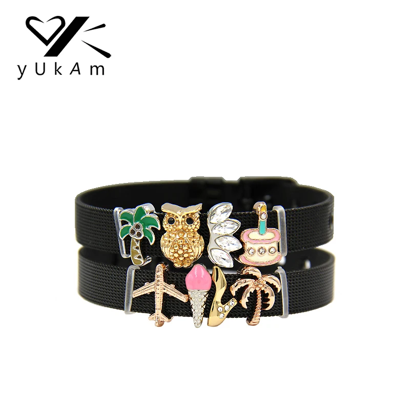 

YUKAM Jewelry High Heels Shoe Airplane Sunburst Sliders Owl Coconut Tree Ice Cream Slide Charms Keeper for Mesh Bracelets Making