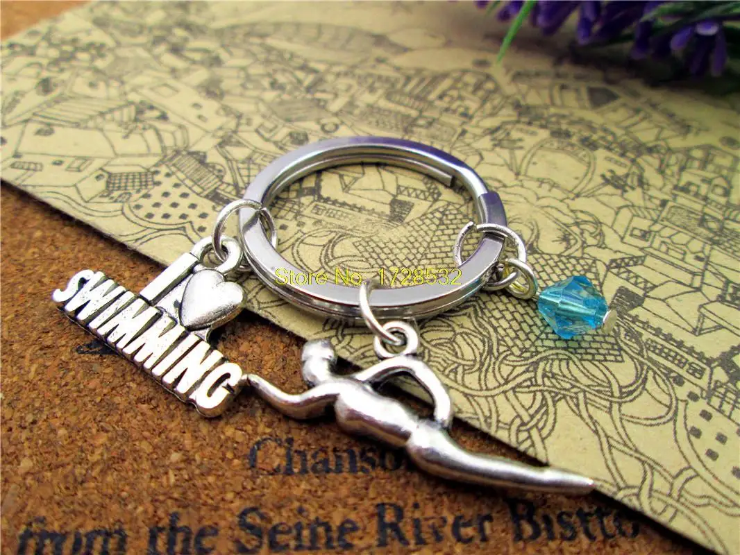 

3pcs/lot 28mm stainless steel keyring sports keyring antique silver I love swimming , swimmer Charms Pendants keyring