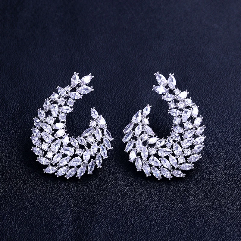 

4cm * 3cm JaneKell famous Design Luxury Popular Geometry Flower Full Mirco Paved Cubic Zirconia Wedding Earring Fashion Jewelry
