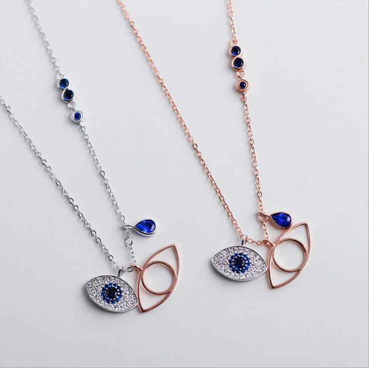 

Luxury 100% 925 Sterling Silver Austrian crystal Blue Rye Pendant Necklace For Women Turkey Evil Eye Charm Necklace Fine jewelry