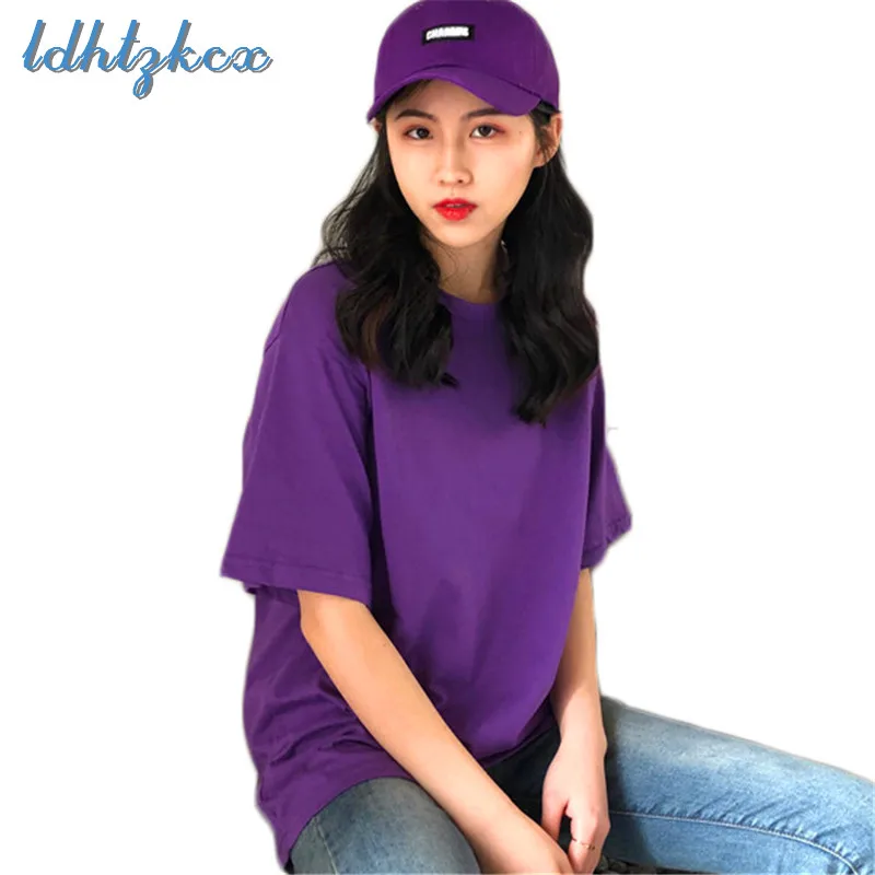 

T Shirt Women Black White Colors Summer T Shirt 2018 Autumn Korean New Loose Short Sleeve Purple Back Cross Tops Feminina LD23