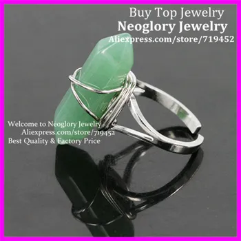 

10PCS Natural Green Aventurine Adjustable Finger Rings Gem Stone Hexagonal Point Reiki Chakra Beads Jewelry Unisex Silver Plated
