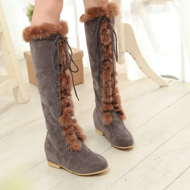 

2016 fashion Women's lace up Knee High Boots flat feathers winter warm snow boots women Motorcycle Boots shoes woman