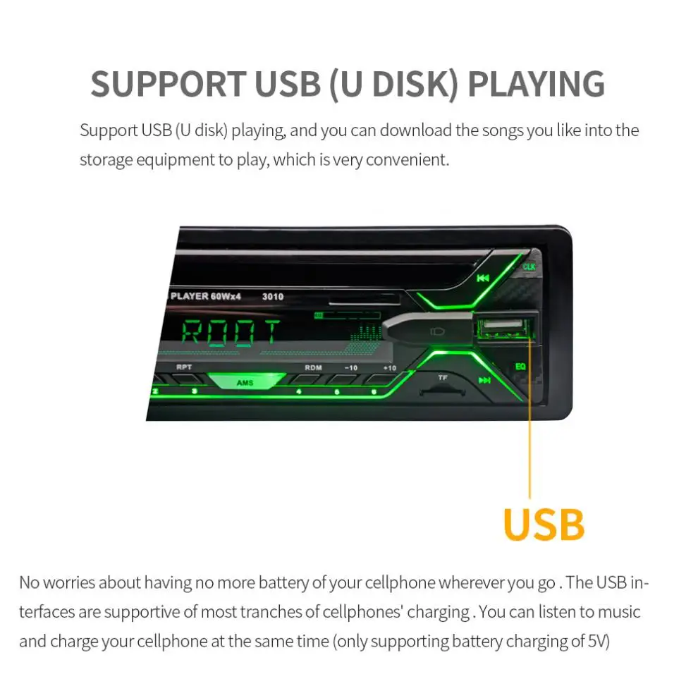 12V 1 DIN In-Dash Bluetooth Auto Multimedia Player 7 Color Car Stereo Radio Audio Player Aux Input/SD/USB + Remote Control