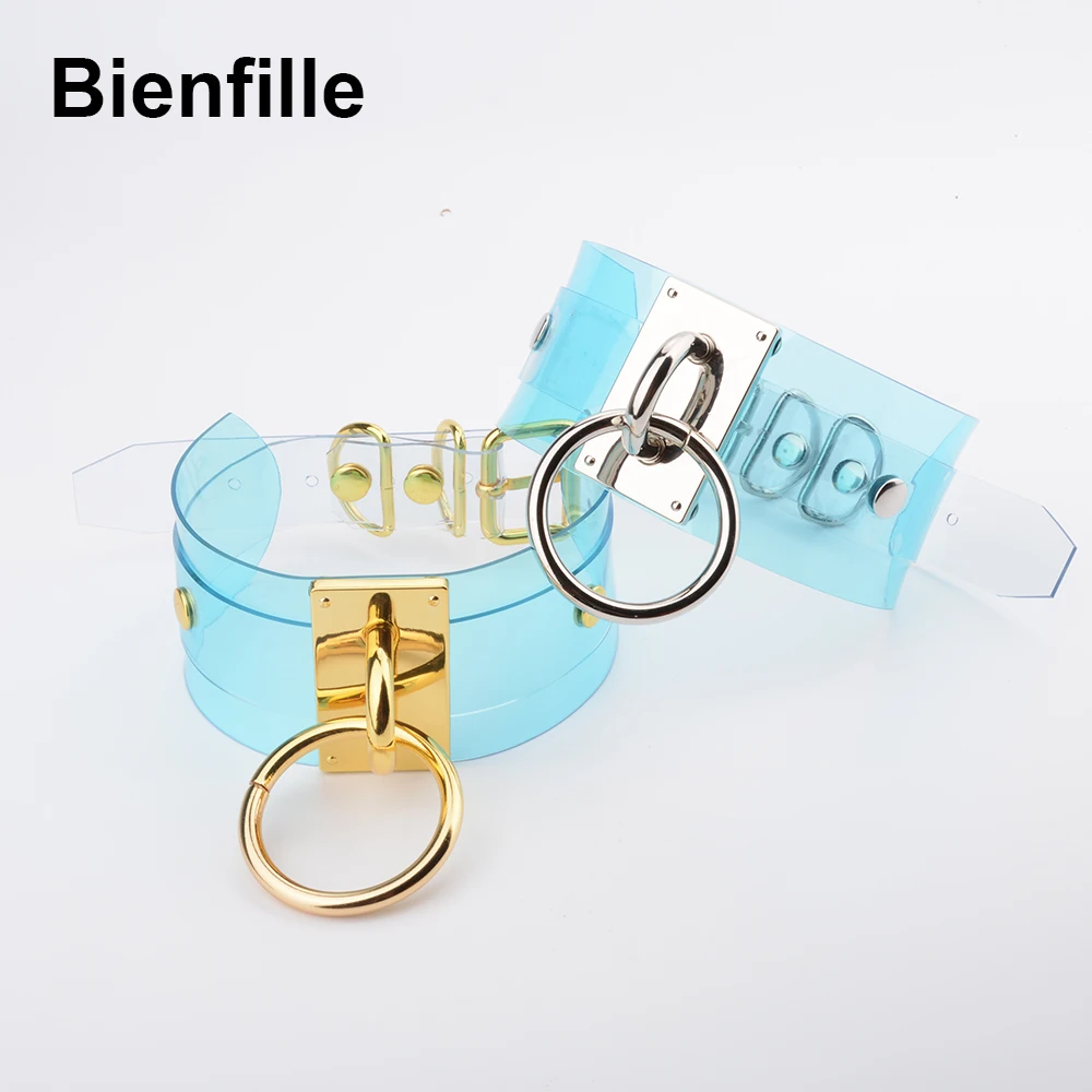 Harajuku Oversized Buckle Rock Double Layer Leather Collar Necklace Silver Gold 40mm O Round Fetish Bondage Sexy BDSM PVC Choker