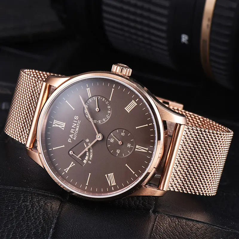

42mm Parnis Brown Dial Roman Numeral Power reserve SS Band Luxury Brand Automatic Mechanical men's Wristwatches