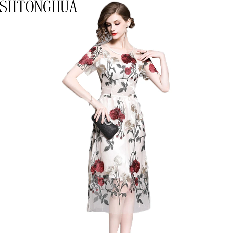 

SHTONGHUA Summer Women's Mesh Style Dress 2019 Fashion Short Sleeve Embroidery Floral Party Dress Vintage Holiday Party Vestidos