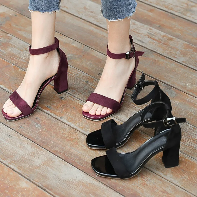 

New Women Sandasl Shoes Fashion Flock Buckle Strap Shallow 5cm 7cm Thick High Heels Solid Casuals Student Female Pumps Shoes