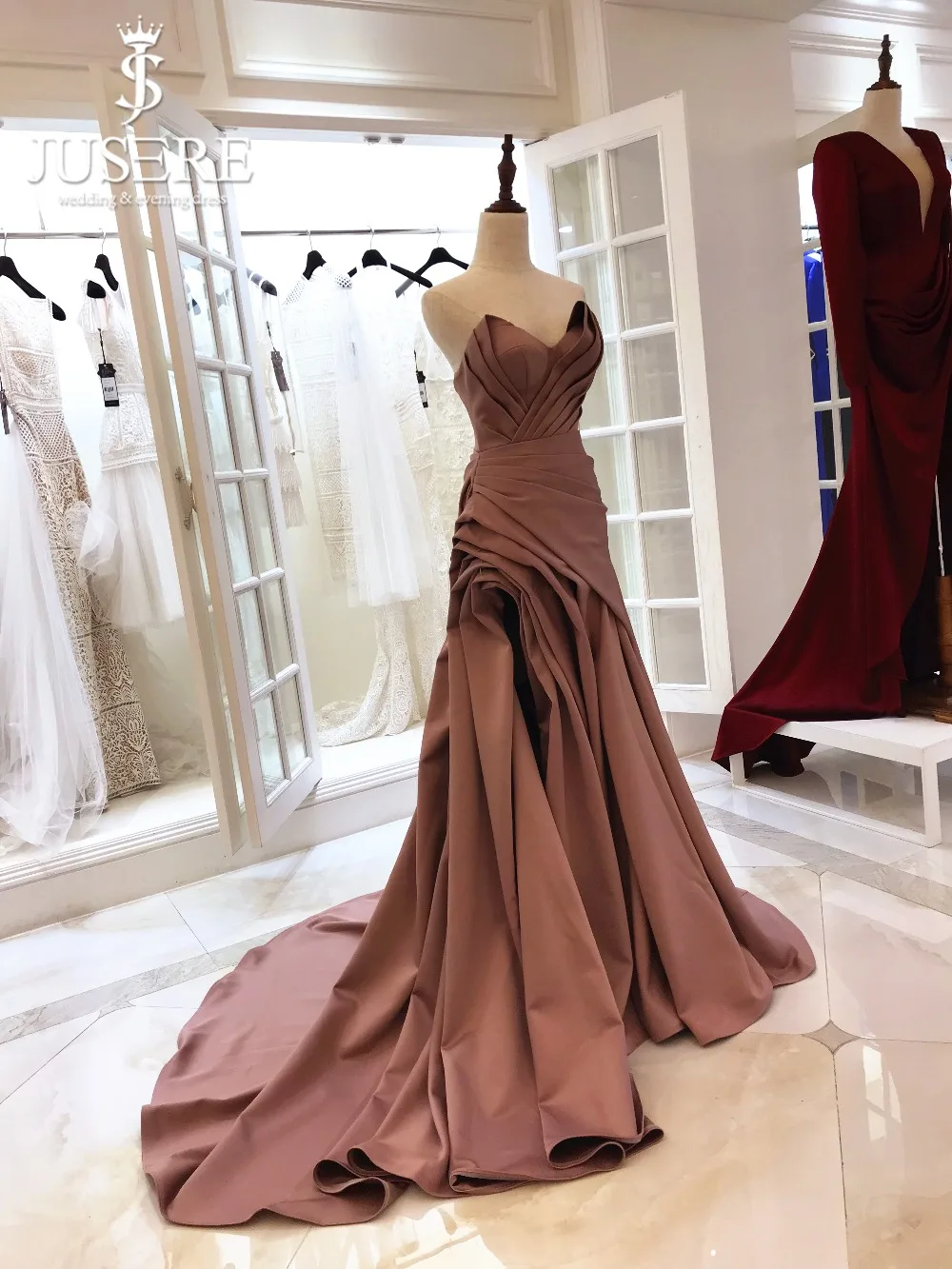 Vestido de festa Robe De Soiree платье с v-образным вырезом и разрезом по бокам, с рюшами, Длинные атласные вечерние платья, вечерние платья красного цвета, платье для выпускного вечера