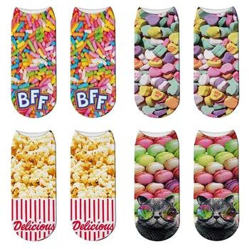 

New 3D Print Macaron Casual Cotton Socks Popcorn Pattern Women Sock Funny Candy Kawaii Low Cut Ankle Short Socks