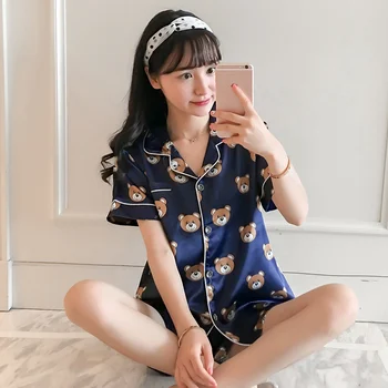 

Two Piece Set Print Silk Stain Women Pajamas Short Sleeve Shirt Sweet Lovely Female Home Suit Summer Plus Size Woman Pajama Set