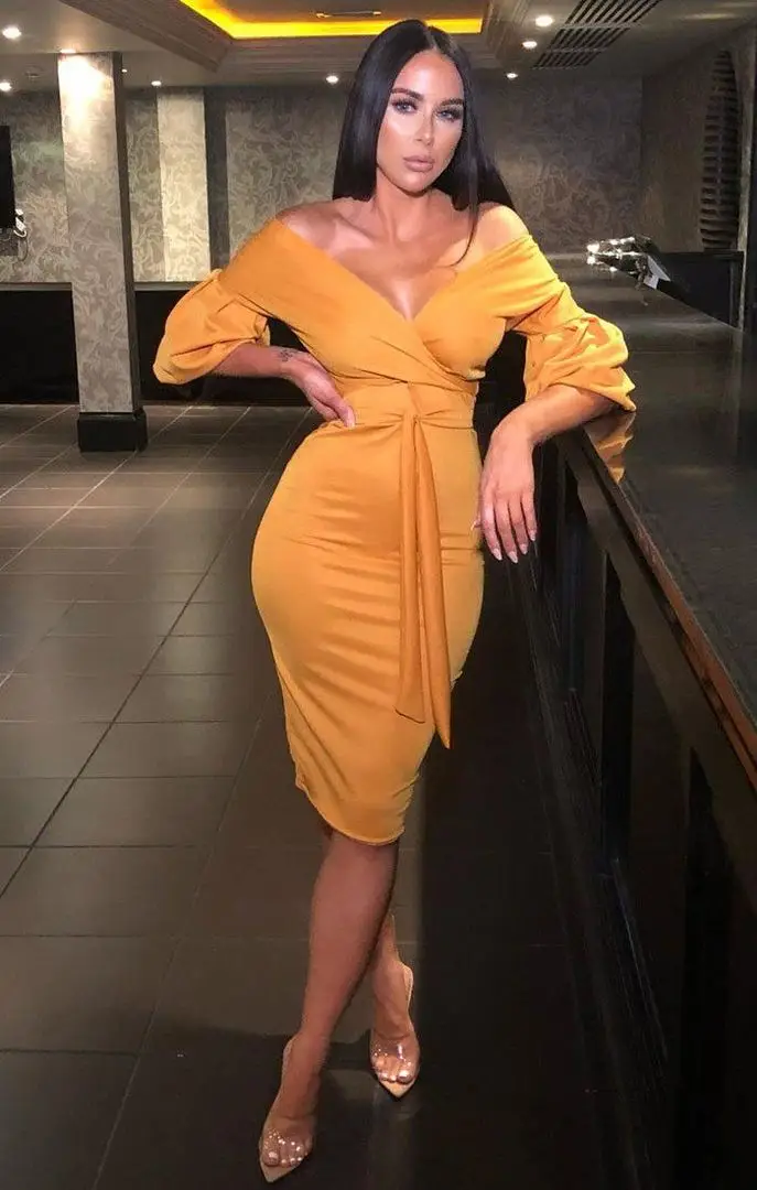 2019 الساخن بيع مثير انخفاض قطع قبالة الكتف أنيقة الأصفر Bodycon اللباس مضيئة كم الدانتيل يصل النساء حزب فساتين مثير اللباس
