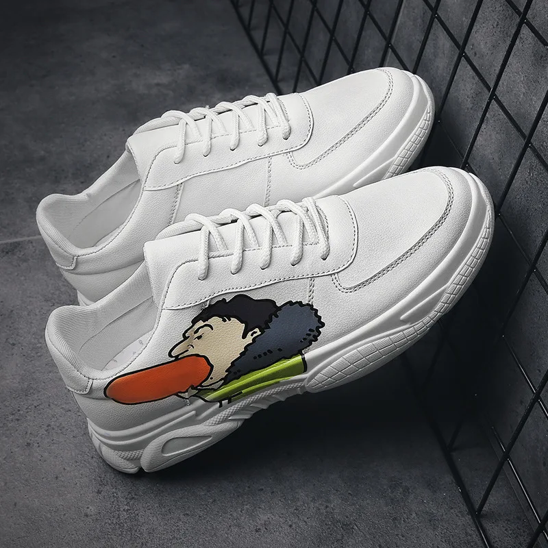 

Man White Sneakers Spring Solid Color Cartoon Hot Dog Sausage Pu Leather Waterproof Men Casual Shoes Lace Up 2019 New 39-44