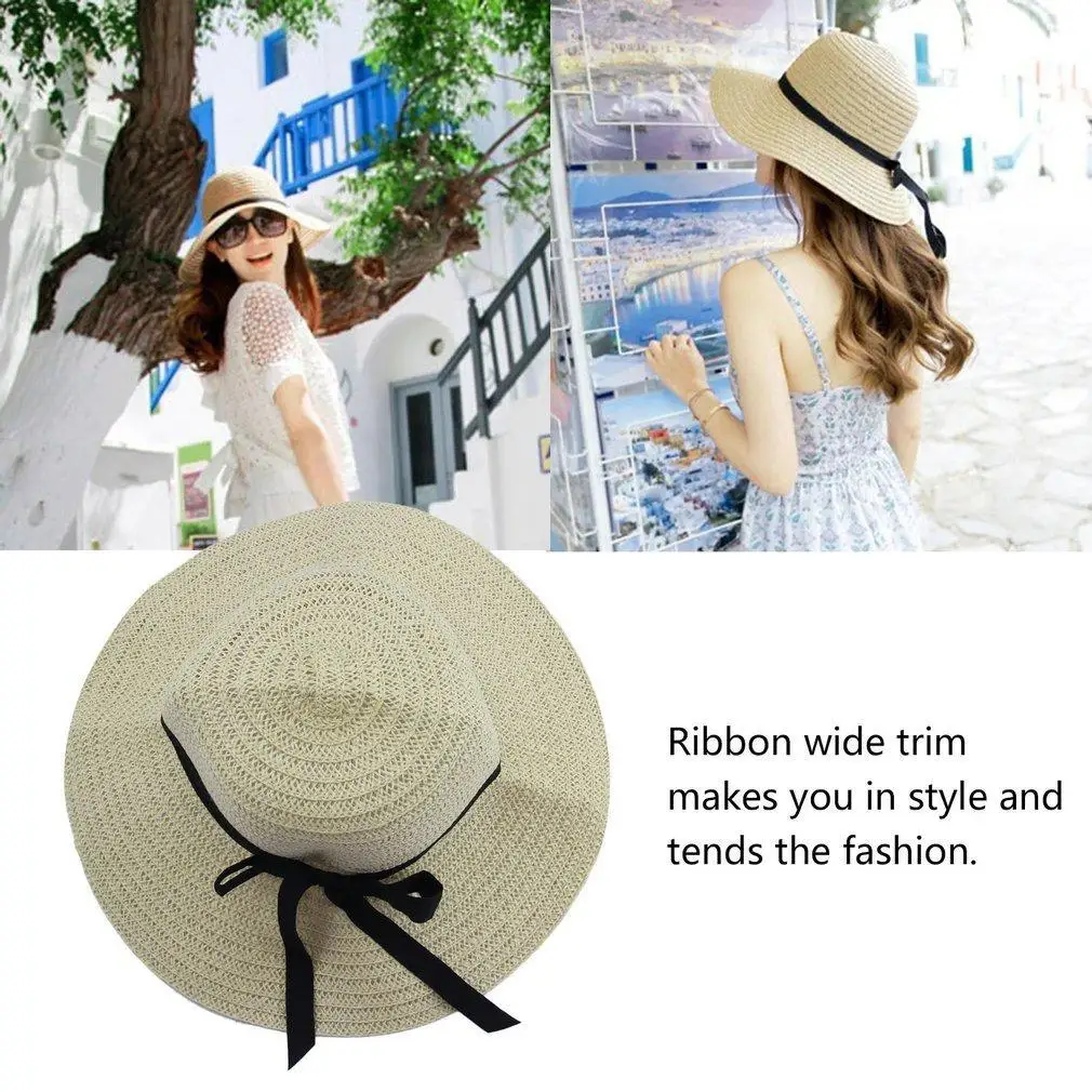Packable и гибким лента шириной Отделкой Beach Sun Hat Для женщин широкими полями Летний пляж Sun шапка соломенная флоппи элегантный богемная шляпа