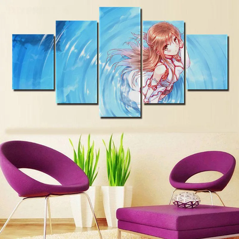 Poster Canvas Pictures Home Decor Paintings 5 Pieces Asuna Sword Art Online Animation Wall Art Prints Hotel Modular Living Room