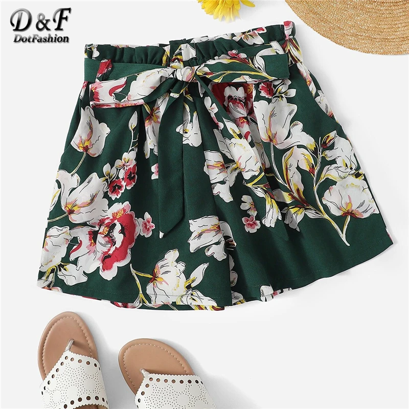 Dotfashion шорты с цветочным принтом и поясом для женщин Летние повседневные шорты для женщин Boho эластичная талия корейская мода Широкие шорты