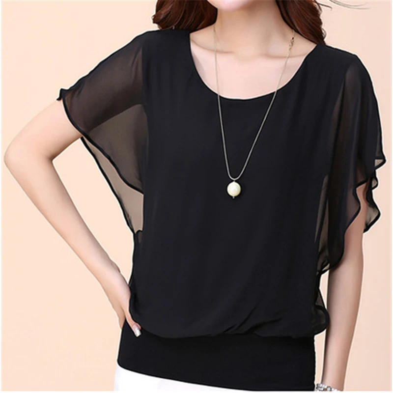Fashion Ruffles Women Tops Fashion 2018 Womens Summer Chiffon Blouse Plus Size 3XL Batwing Short Sleeve Casual Shirt