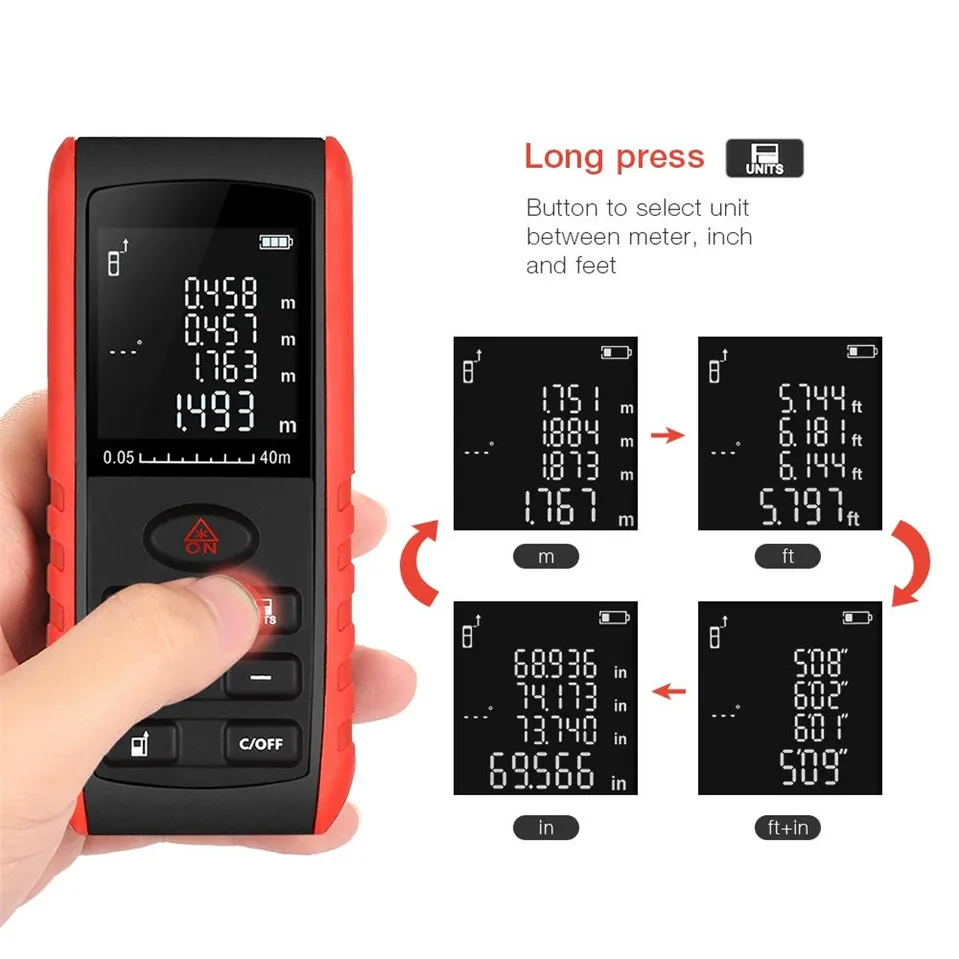 Handheld Laser Rangefinder Digital Laser Distance Meter Area Volume Tester Level Practractor Angle Indication 40m 60m 80m 100m Handheld Laser Rangefinder Digital Laser Distance Meter Area Volume Tester Level Practractor Angle Indication 40m 60m 80m 100m
