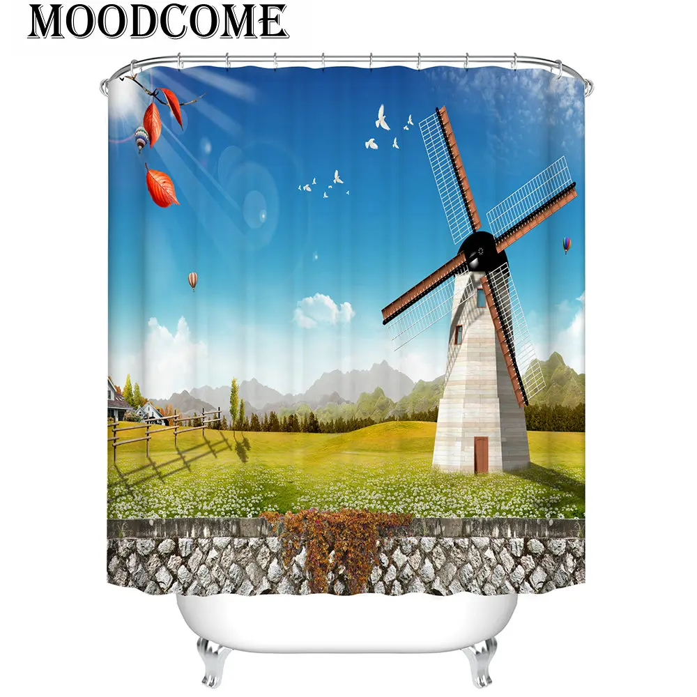 

Dutch Windmill Shower Curtain Farmhouse Blue Sky Cortina Bano Amusement Park Rideau De Douche Bathroom Curtain Waterproof Shower