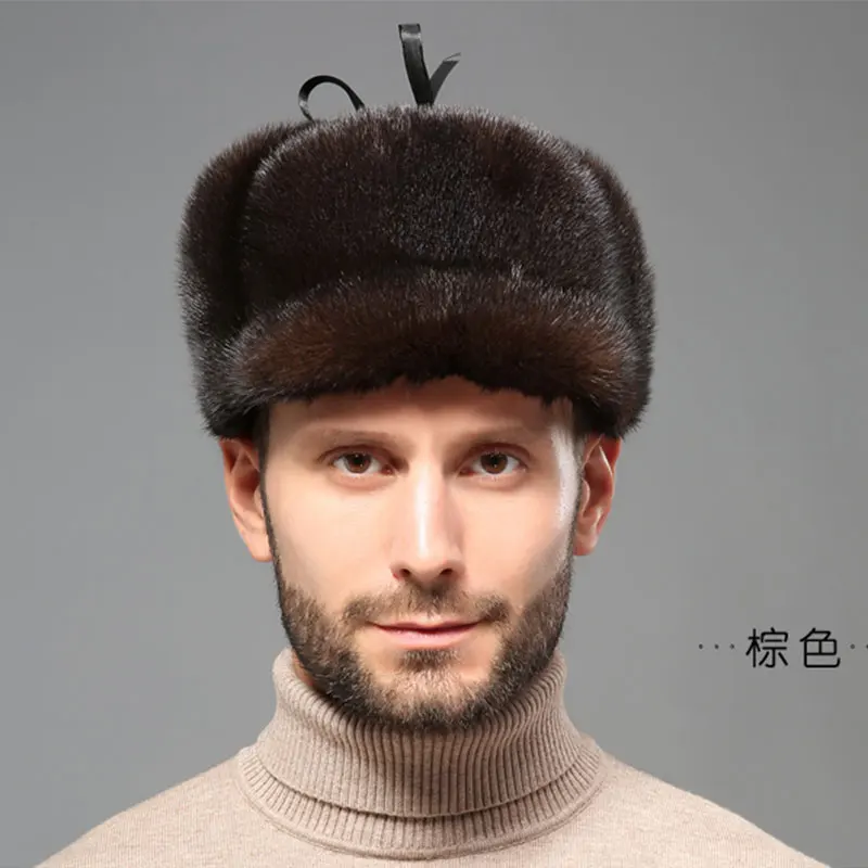 YECHNE Man зимняя русская стильная ушанка из натурального меха норки шапка-ушанка утепленная кожаная теплая наружная шапка