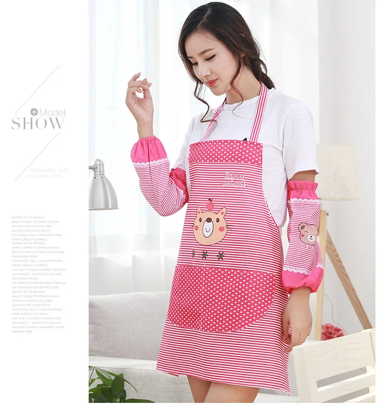 1SET Cute Bib Apron Dress Bear Apron 2 Pocket with Cuff Waterproof Anti