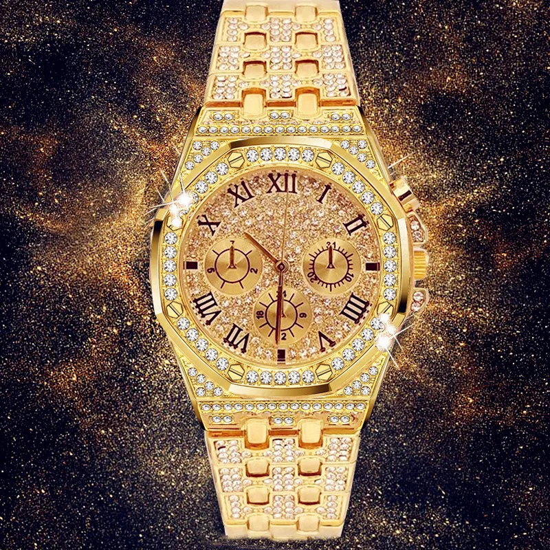Мужские золотые часы, роскошные брендовые дизайнерские золотые бриллиантовые часы для мужчин, кварцевые часы, водонепроницаемые мужские наручные часы, Iced Out
