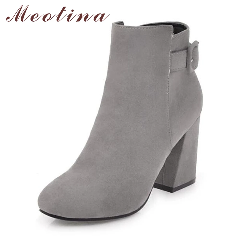 

Meotina Winter Ankle Boots For Women Thick High Heels Boots Buckle Short Boots 2018 Fashion Ladies Shoes Zipper Brown Size 33-43
