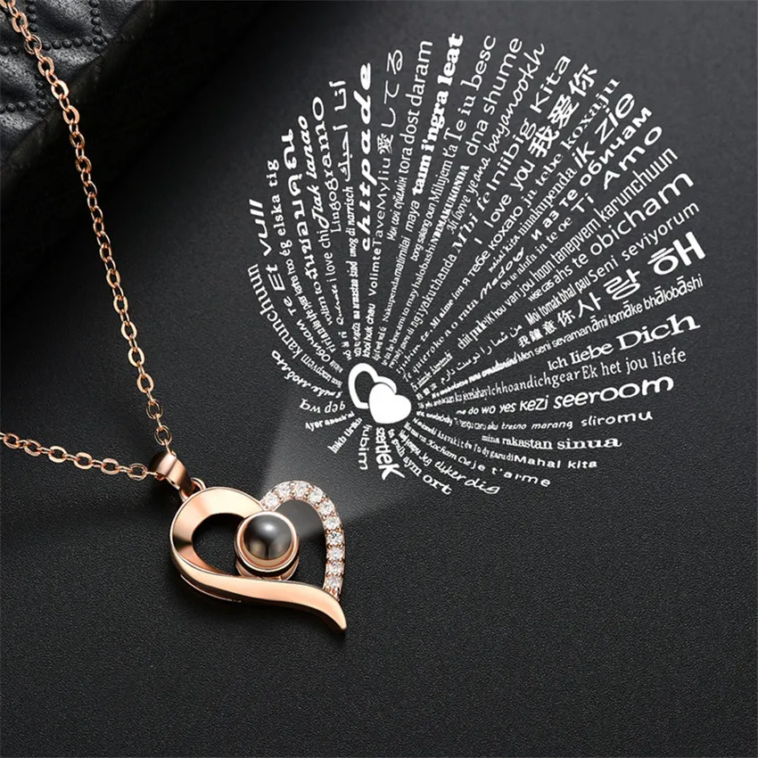 

Graduation Gift Jewelry 100 languages I love you Projection Pendant Necklace Heart Charm Statement Choker Necklaces For Women
