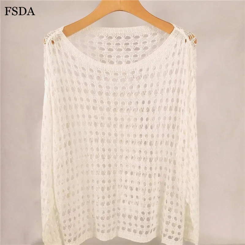 FSDA Women Summer Sexy Hollow Out Blouse Top White Knitted Sweater O Neck Long Sleeve Casual Solid Pullovers Blouse 2019 FSDA Women Summer Sexy Hollow Out Blouse Top White Knitted Sweater O Neck Long Sleeve Casual Solid Pullovers Blouse 2019