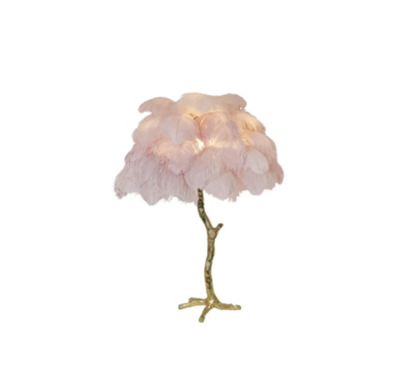 Современные страусиные перья ветви торшер медная стоящая лампа для гостиной спальни напольные светильники домашний декор освещение в помещении - Цвет абажура: table lamp Pink