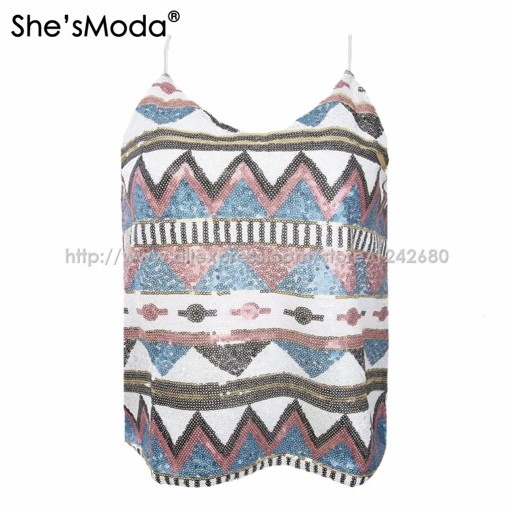 She'sModa геометрические блестки Boho Лето весна женские спандекс Клубные вечерние майки-ками жилет