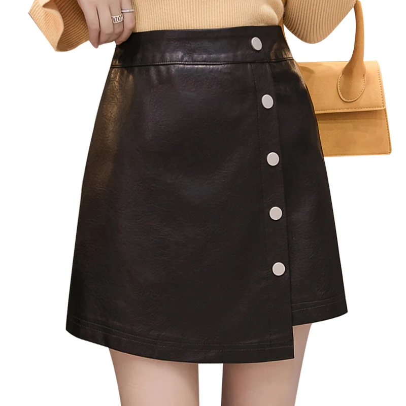 

Sexy High Waist PU leather Skirt Punk Short Black A-line Skirt Autumn winter 2018 Irregular Button Mini Skirts Womens Bottoms