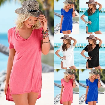 

2018 Summer Women Beach Dresses Bikinis Swimwear Cover-Ups Short Sleeve Solid Color Sundresses Bather Beach Outwear