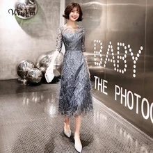 Вэй Инь, стиль, серое вечернее платье длиной до середины икры,, перья, Формальные платья для выпускного вечера, ТРАПЕЦИЕВИДНОЕ модное Черное вечернее платье, WY1674