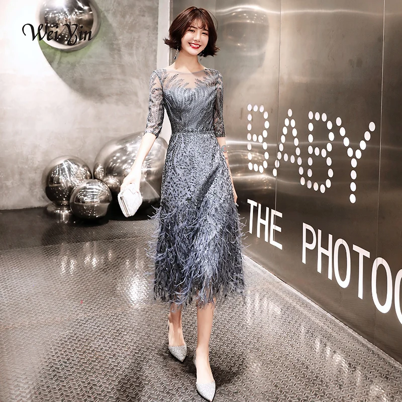 

wei yin New Style Tea-length Gray Evening Dresses 2019 Feathers Formal Prom Gowns A-Line Fashion Black Evening Gown WY1674