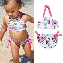 Одежда для детей; малышей; девочек Двойка принт набор бикини c бантом купальный костюм Купальник бретельки Топы купальный костюм Пляжная одежда От 1 до 6 лет