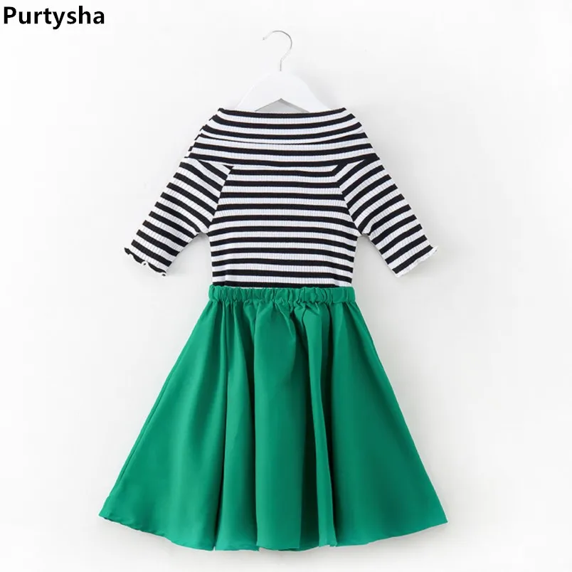 

2018 Summer Children Clothes Long Sleeve Shoulderless Stripe A-Line Princess Dress Teenager Girl Dresses For 10 12 Years