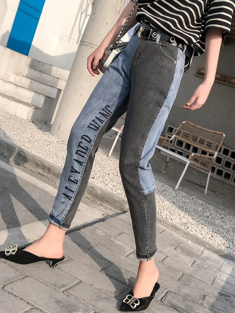 

Jeans female 2019 spring new high waist was thin embroidery letters hit color stitching nine pants