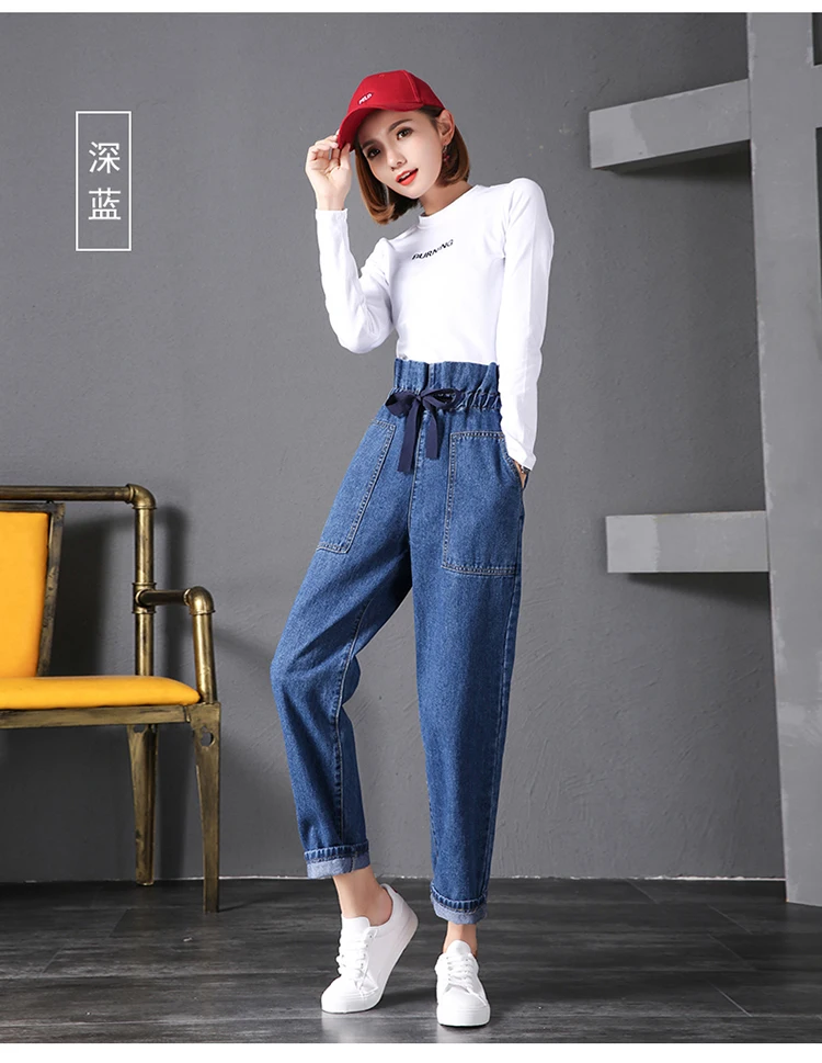 Лидер продаж для женщин Повседневное Высокая талия джинсы для 2019 демисезонный свободные карманы Femme уличная шаровары Джинс