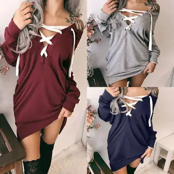 

Womens Long Sleeve Dress Sweater Ladies White Strap Cross V Neck Dresses Pullover Vestidos